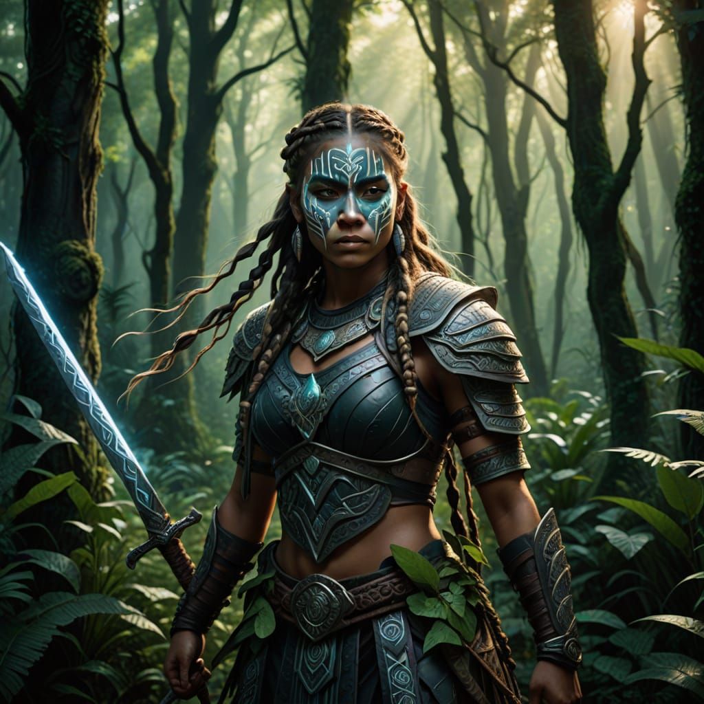 Female Warrior in Mystical Forest: Tribal Art