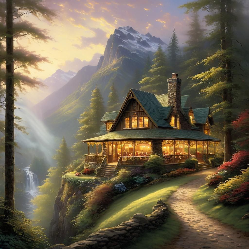 Mountain Restaurant in Forest: Kinkade-Inspired Painting