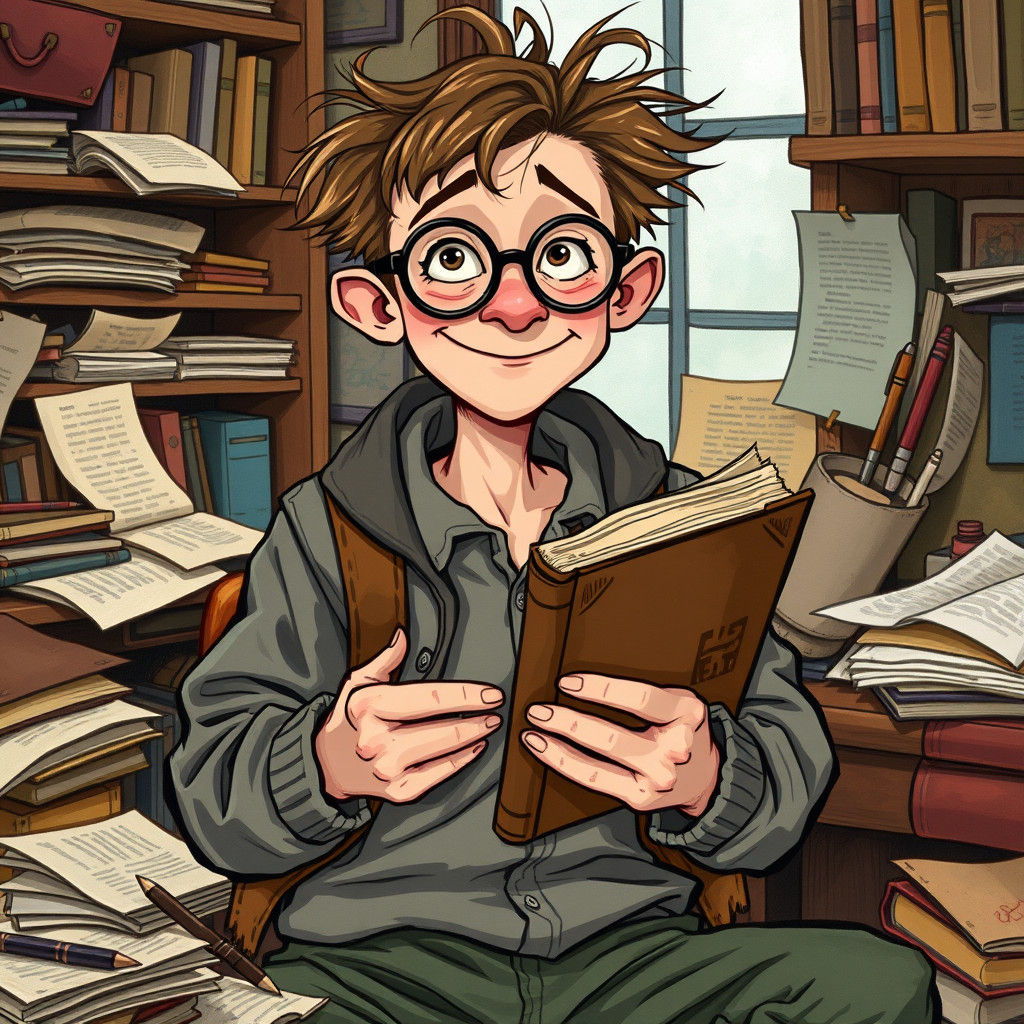 Quirky Young Adult in Cozy Study Illustration
