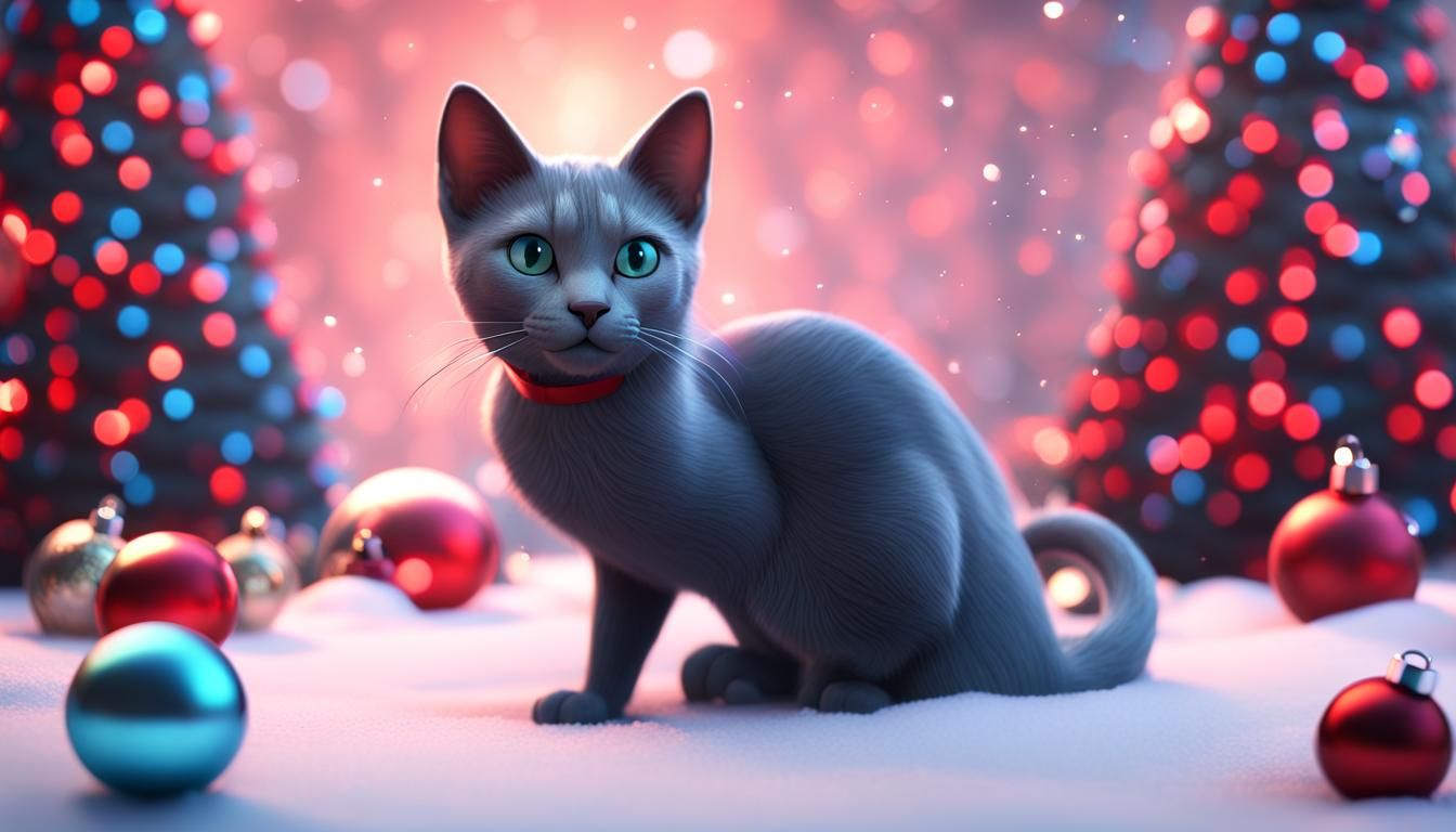 "(russian blue cat) black red diadem jewels presents (christmas trees )snowflakes on the snow Pixar, Disney, concept art...