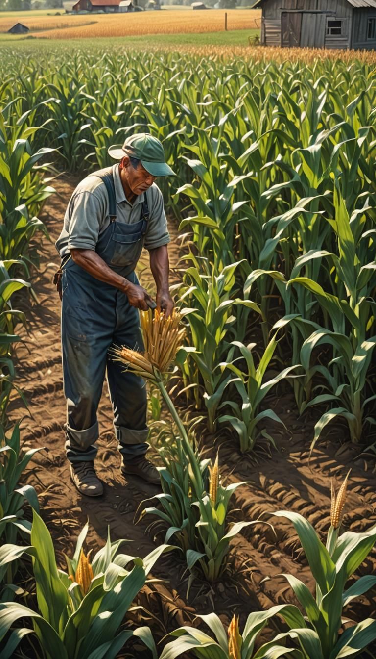 Hyperrealistic Farmer in Village Cornfield at Morning