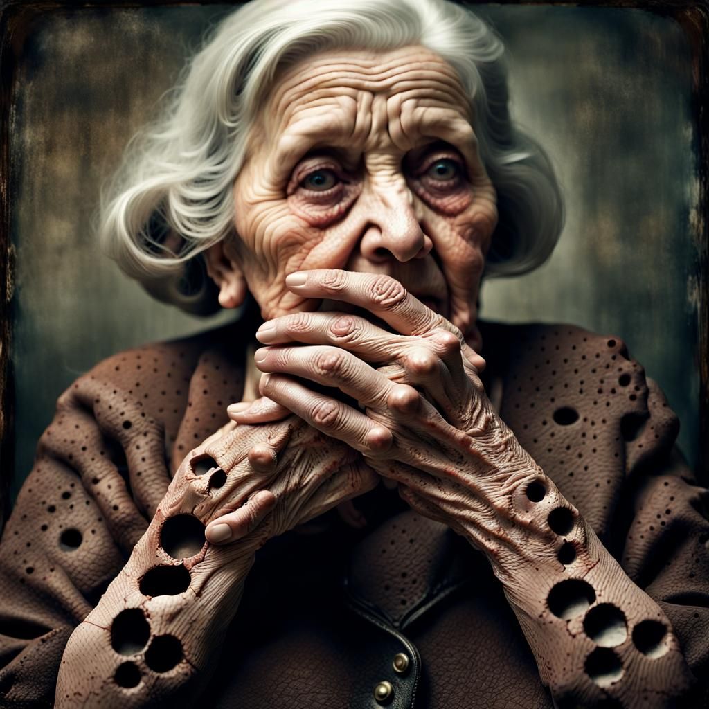 Surreal Close-Up: Woman with Faces in Holes