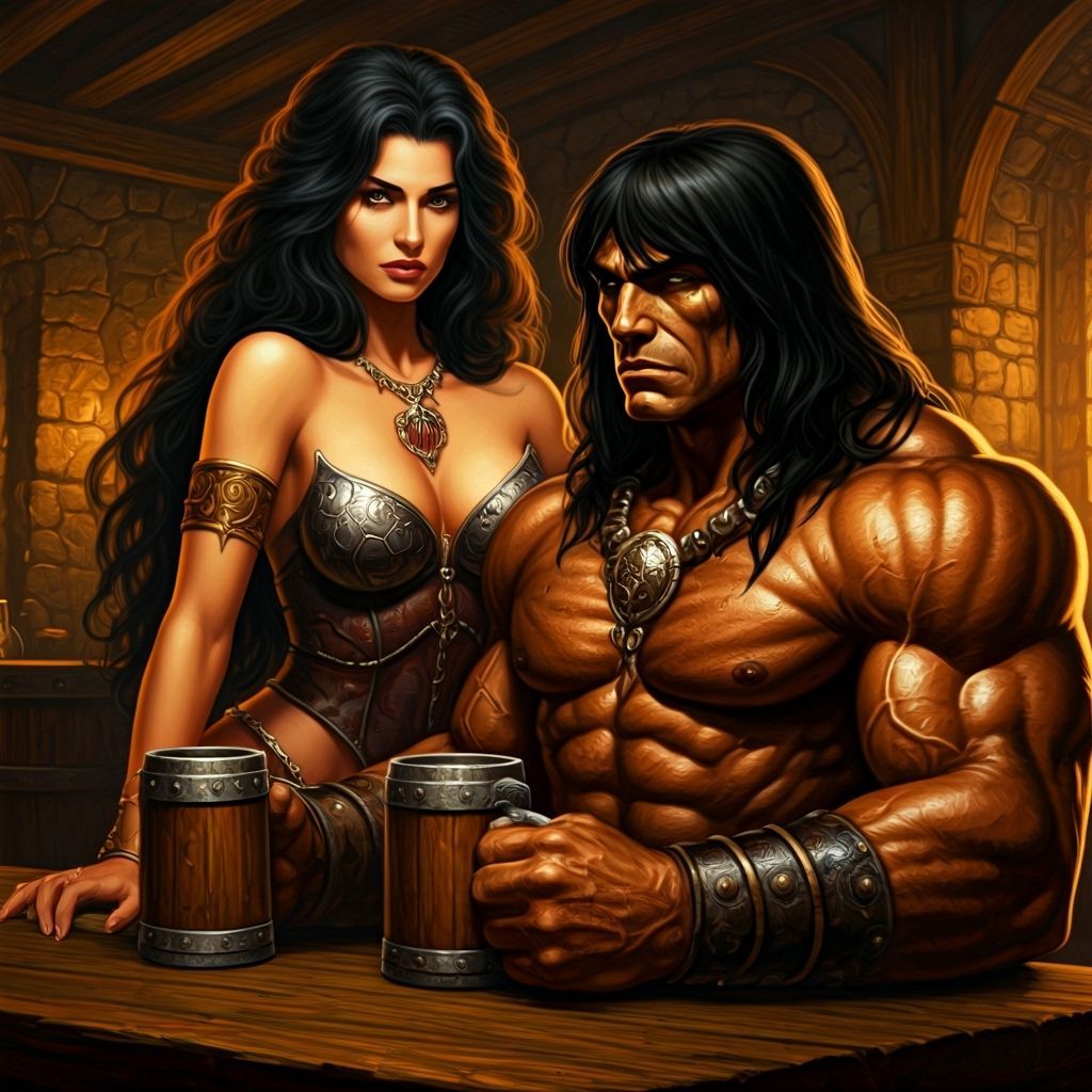 Sorceress Seduced Conan in Dimly Lit Tavern