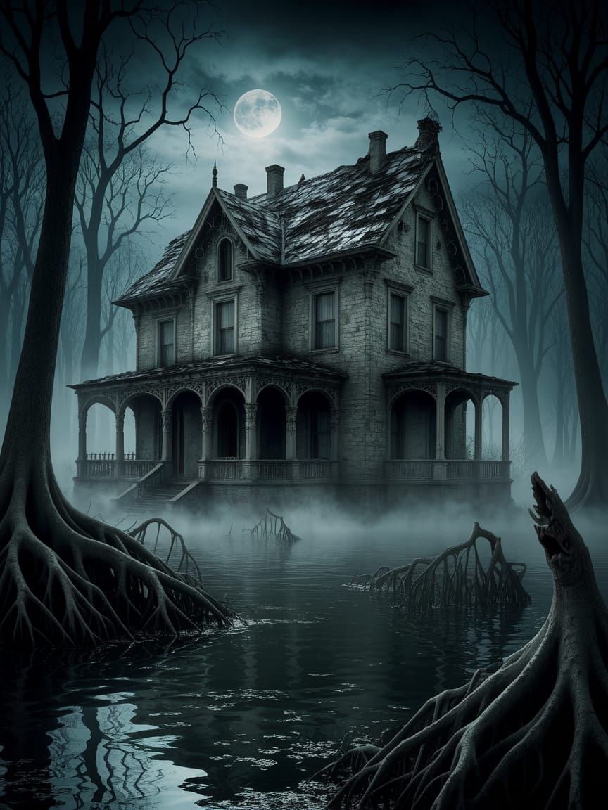 Eerie Victorian House in Swampy Forest at Night