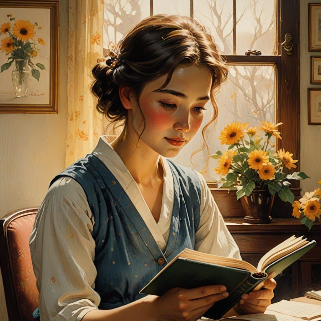 Shy Young Woman in a Dreamy Literary Moment