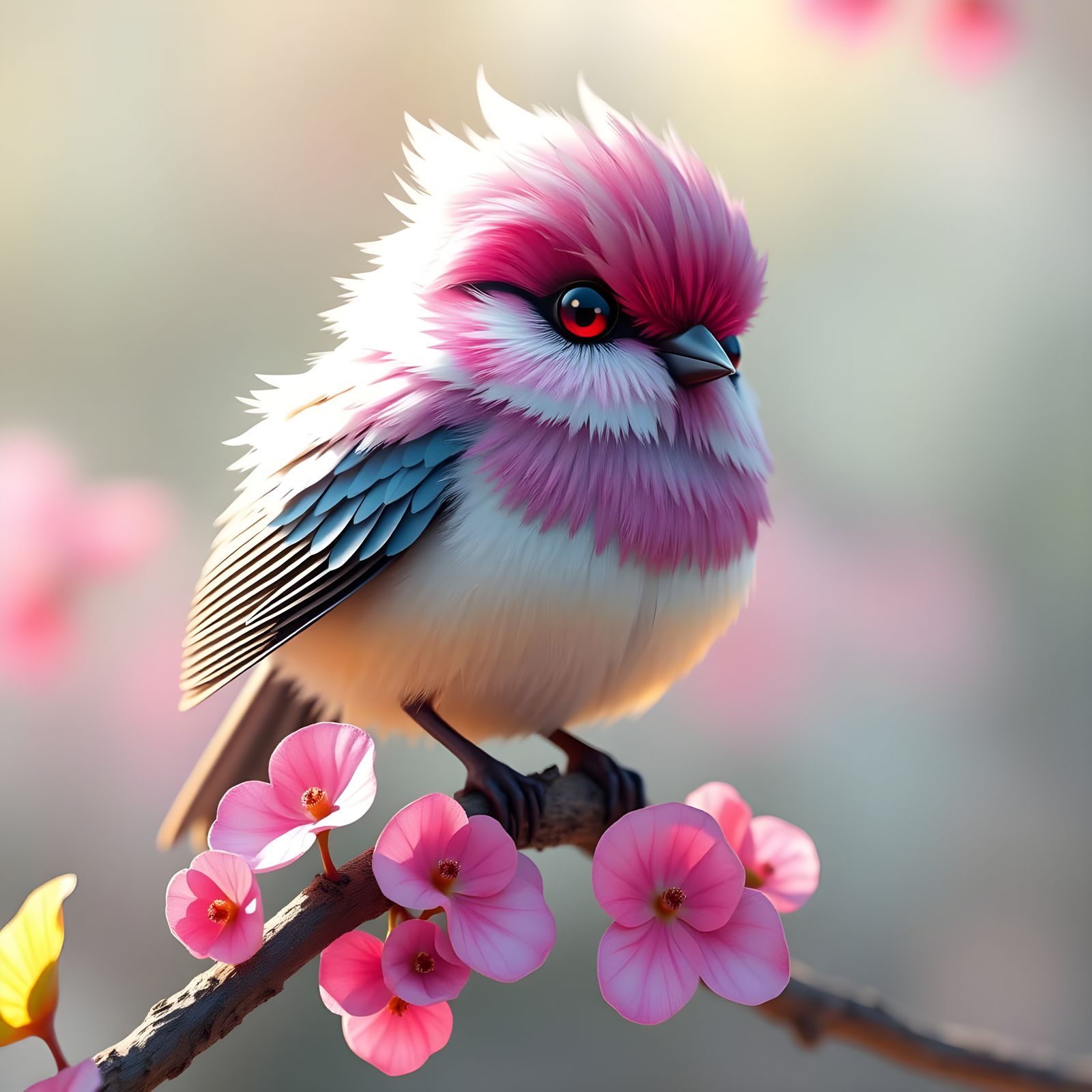 Vibrant Chibi Bird Perched on Blooming Branch