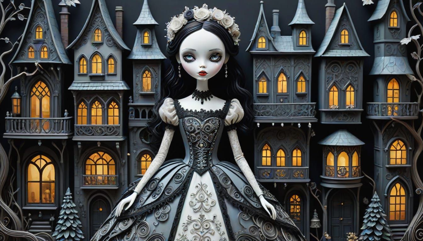 Gothic Bride in Whimsical Fairytale Village