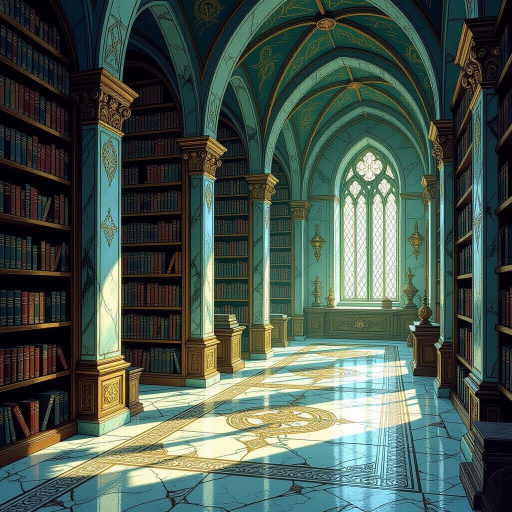 Ancient Elven Library Battle Map in Pen-and-Ink Style