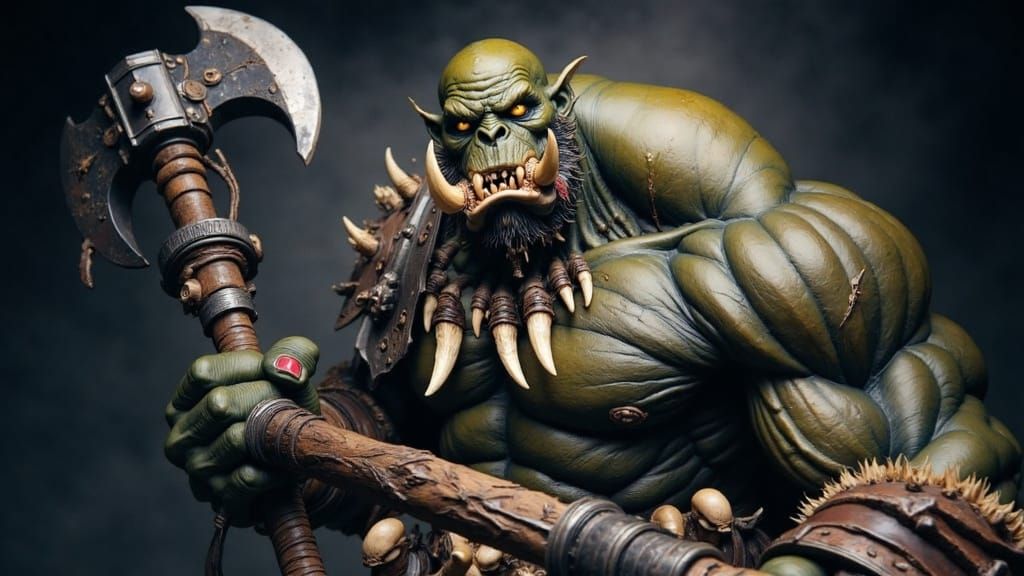 Muscular Orc Warrior Wielding Axe on Battlefield