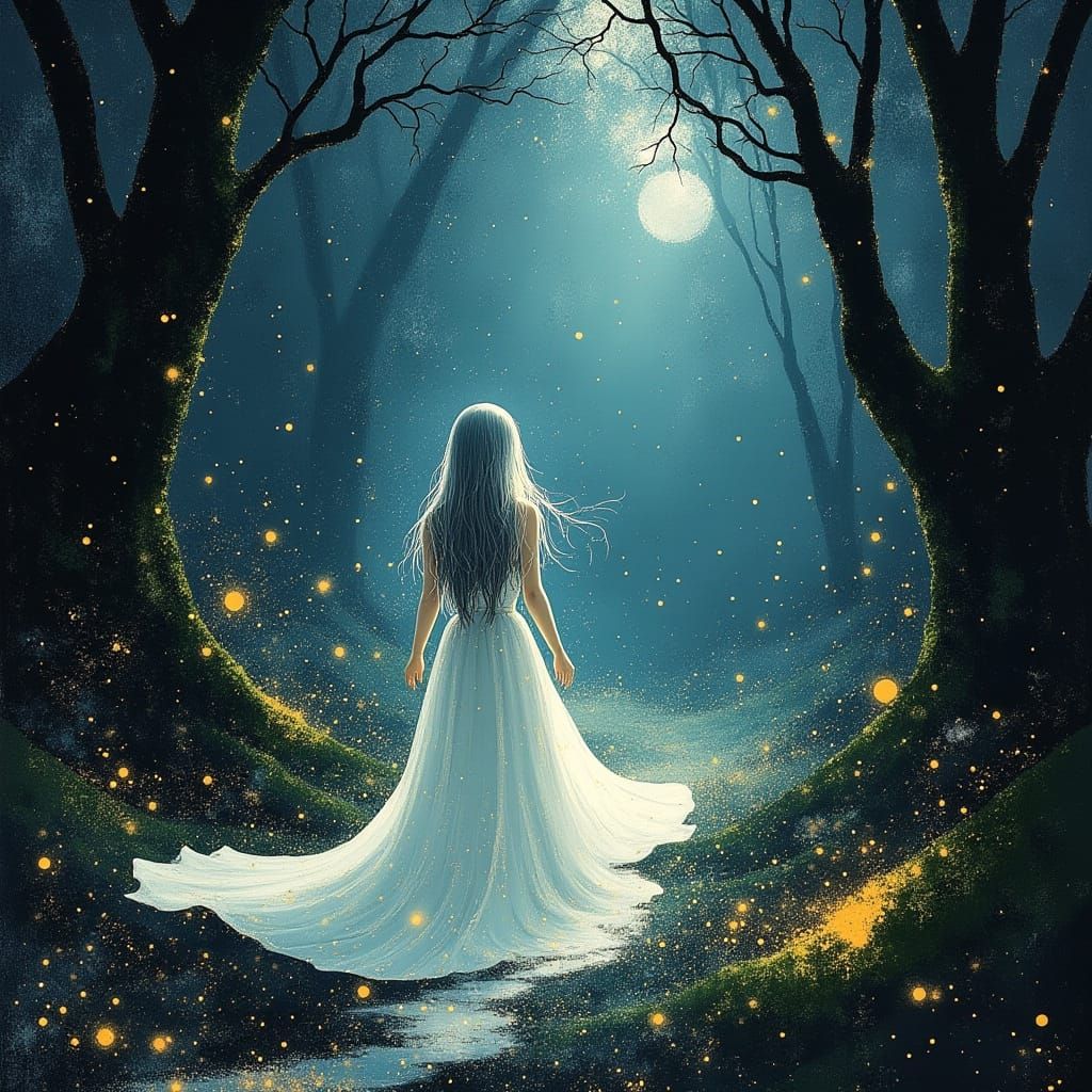 Ethereal Woman in Moonlit Mystical Forest Digital Painting