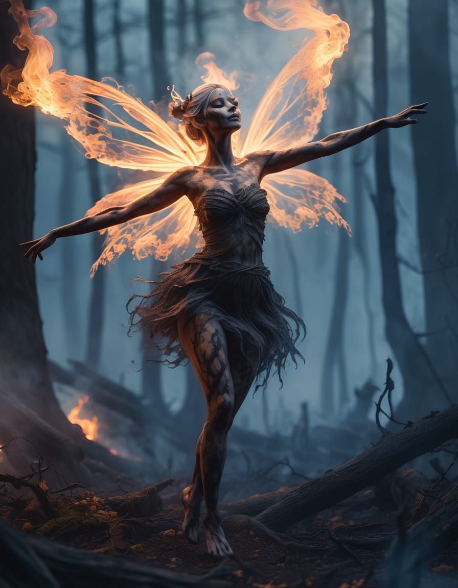 Ethereal Ash Fairy Dances in Charred Forest: Fantasy Art