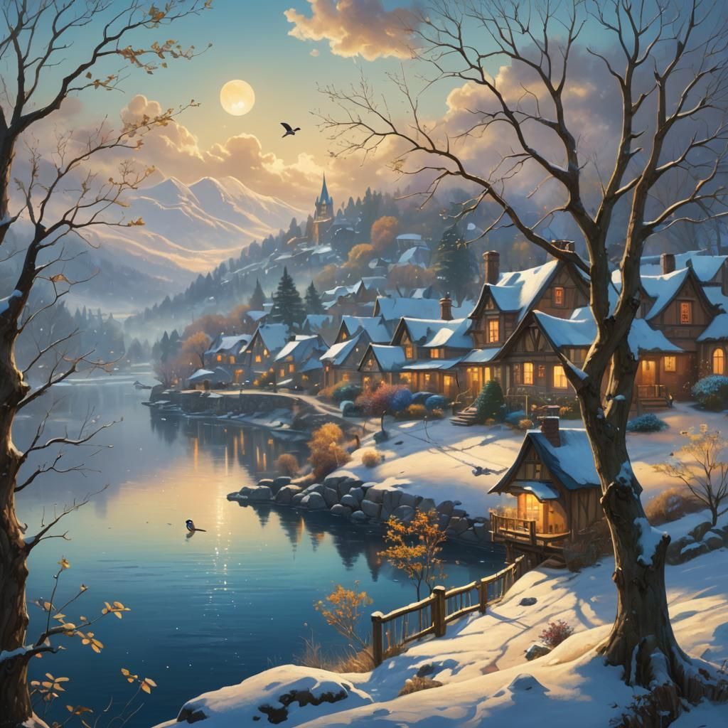 Winter Village Reflection: Thomas Kinkade Style Fantasy Art