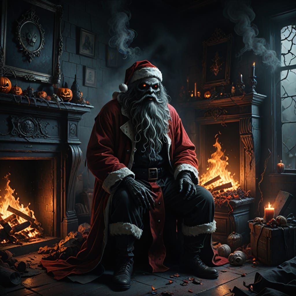Macabre Ghoul Santa With Tattered Presents in Eerie Glow