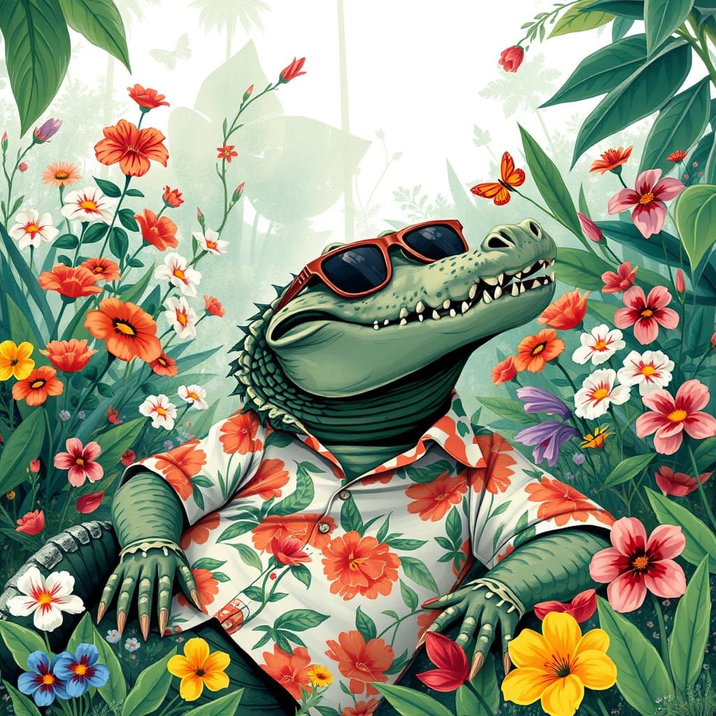 Alligator Lounging in Garden, Naive Art Style
