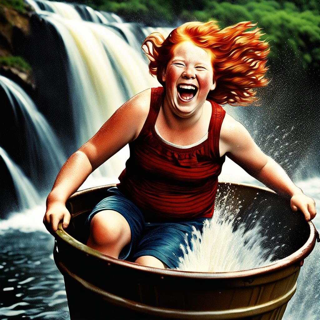 Joyful Redhead's Waterfall Bucket Ride: Vintage Photo