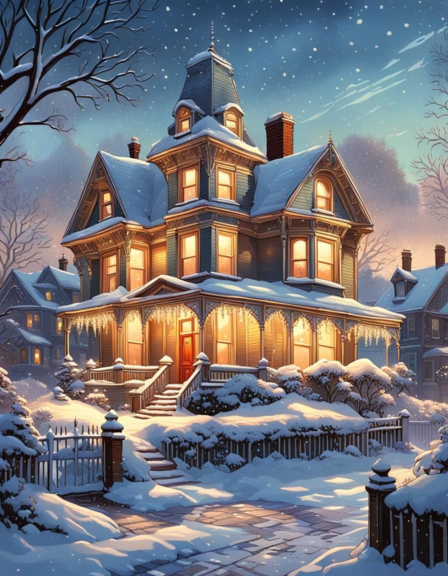 Victorian Home in Snow, Comic Book Art Style