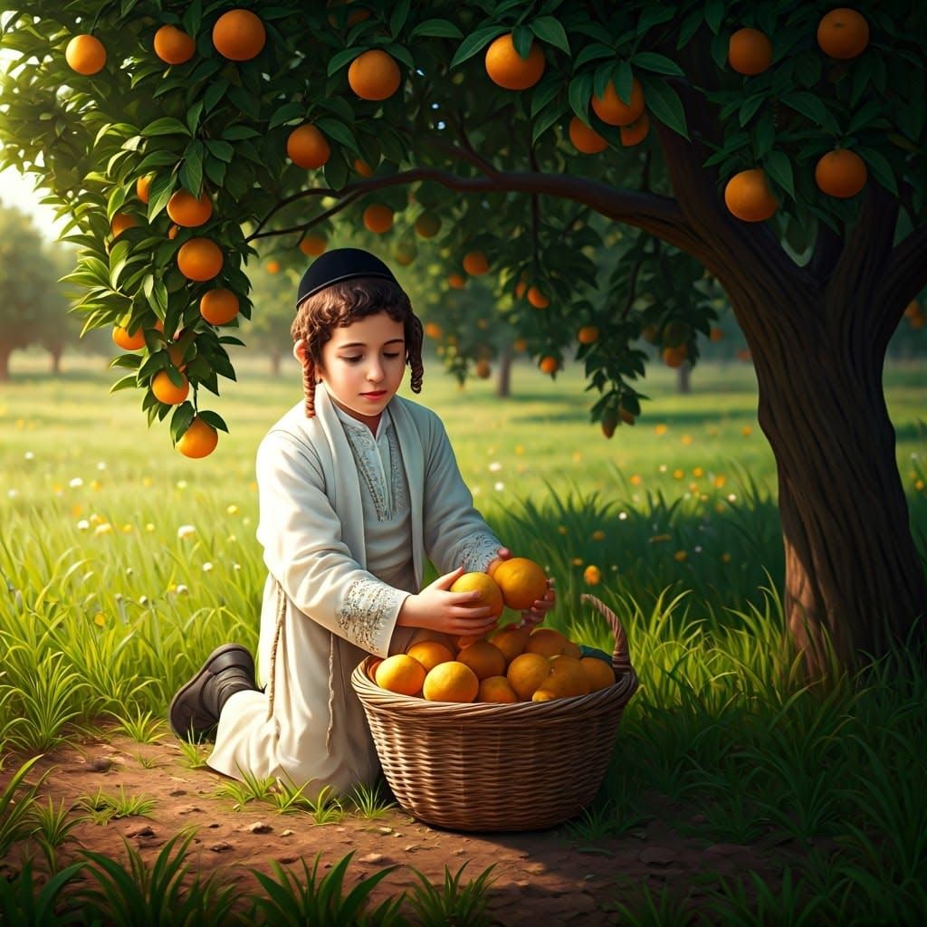 Young Jewish Boy in Traditional Attire Amidst Vibrant Orange...