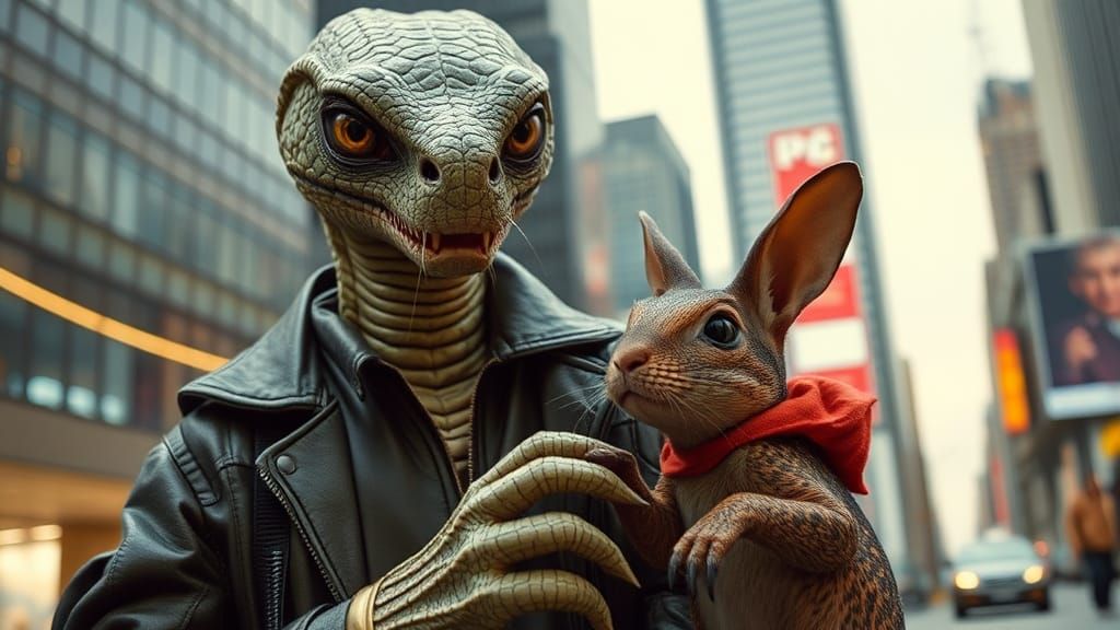 Reptilian Humanoid with Cobra Features Playing with Rabbit