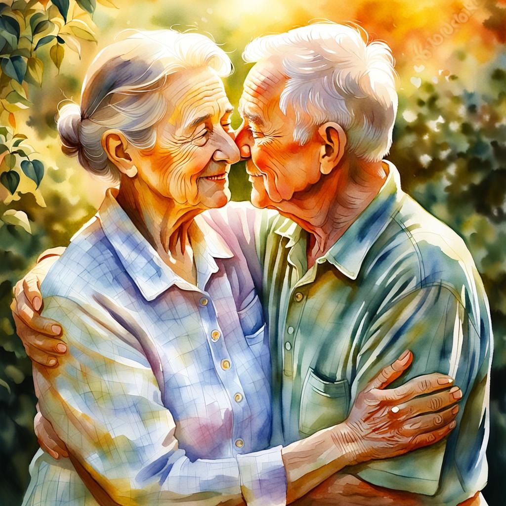 Elderly Couple Embracing in Watercolour Garden