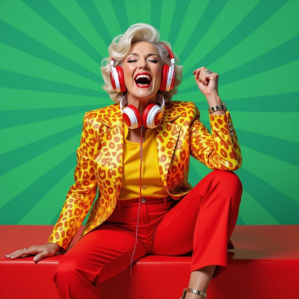 Ecstatic Woman in Leopard Print: Retro-Futuristic Art