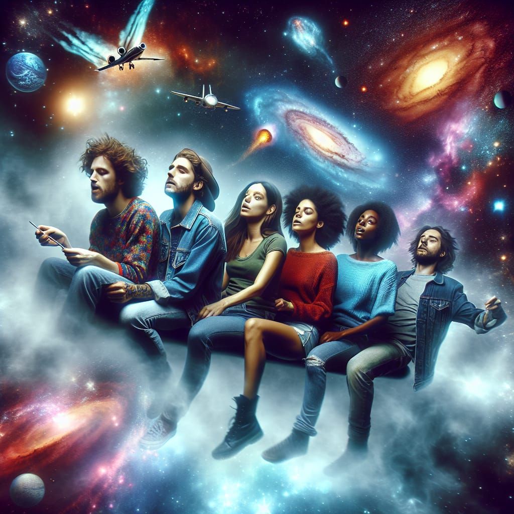 Friends on Psychedelic Space Trip: Cinematic Film Still