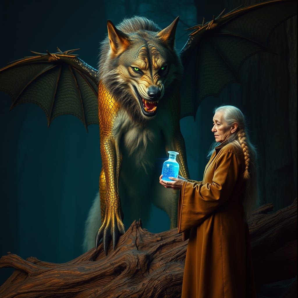 Furious, Iridescent Wolf Menaces a Wise Scholar in a Gnarled...