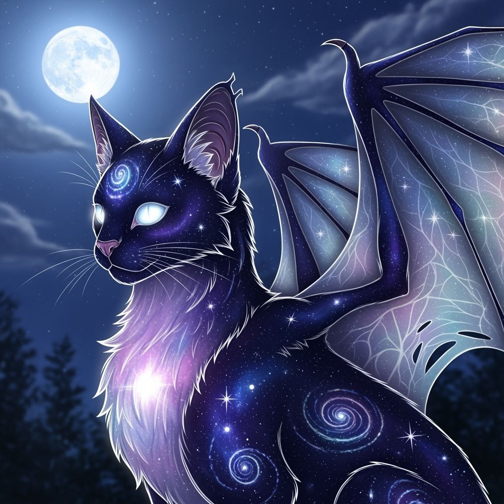 Mystical Night Bat-Cat Hybrid with Luminescent Galaxy Fur