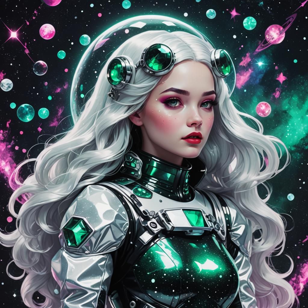 Snow White Space Mermaid Cosmonaut in Synthwave Style