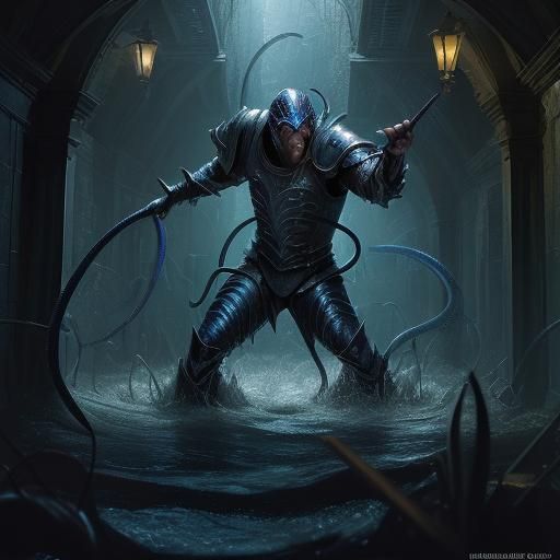 Electric Eels Attack Adventurer in Medieval Corridor