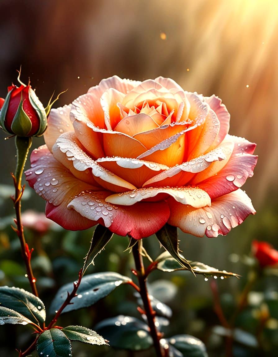 Flaming Red Rose Watercolor with Dew