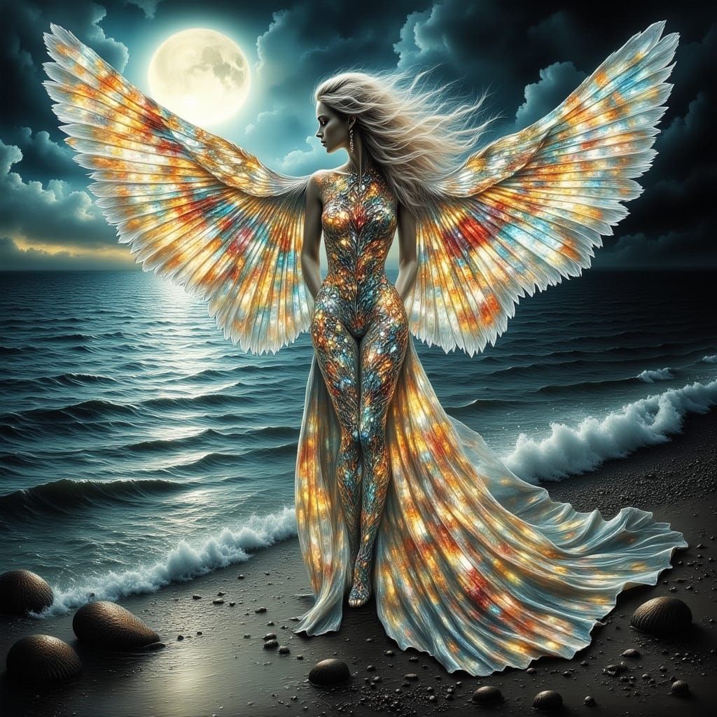 Seashell Woman on Twilight Shore in Art Nouveau Style