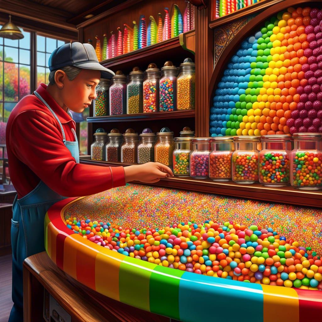 Candy Shop Scene with Rainbow Lollipop, Hyperrealistic