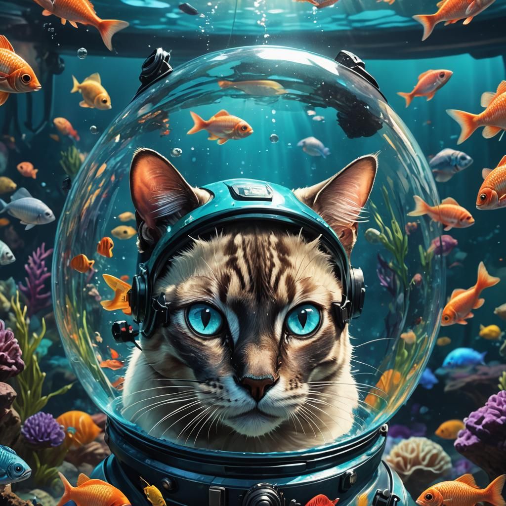 Siamese Cat in Diving Helmet Observes Aquarium Fish