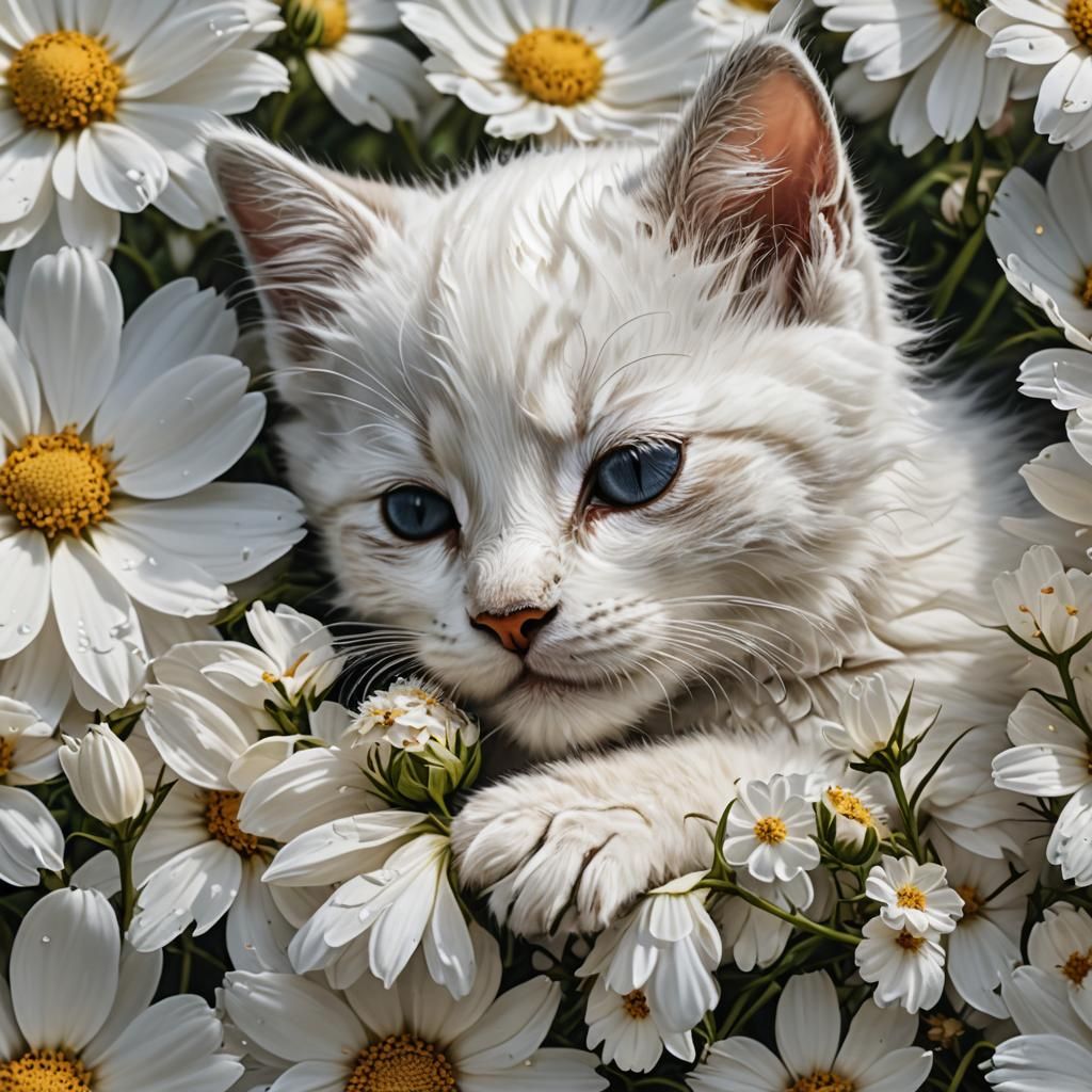 Kitten Napping on Cosmos Flower: Hyper-Realistic Digital Art