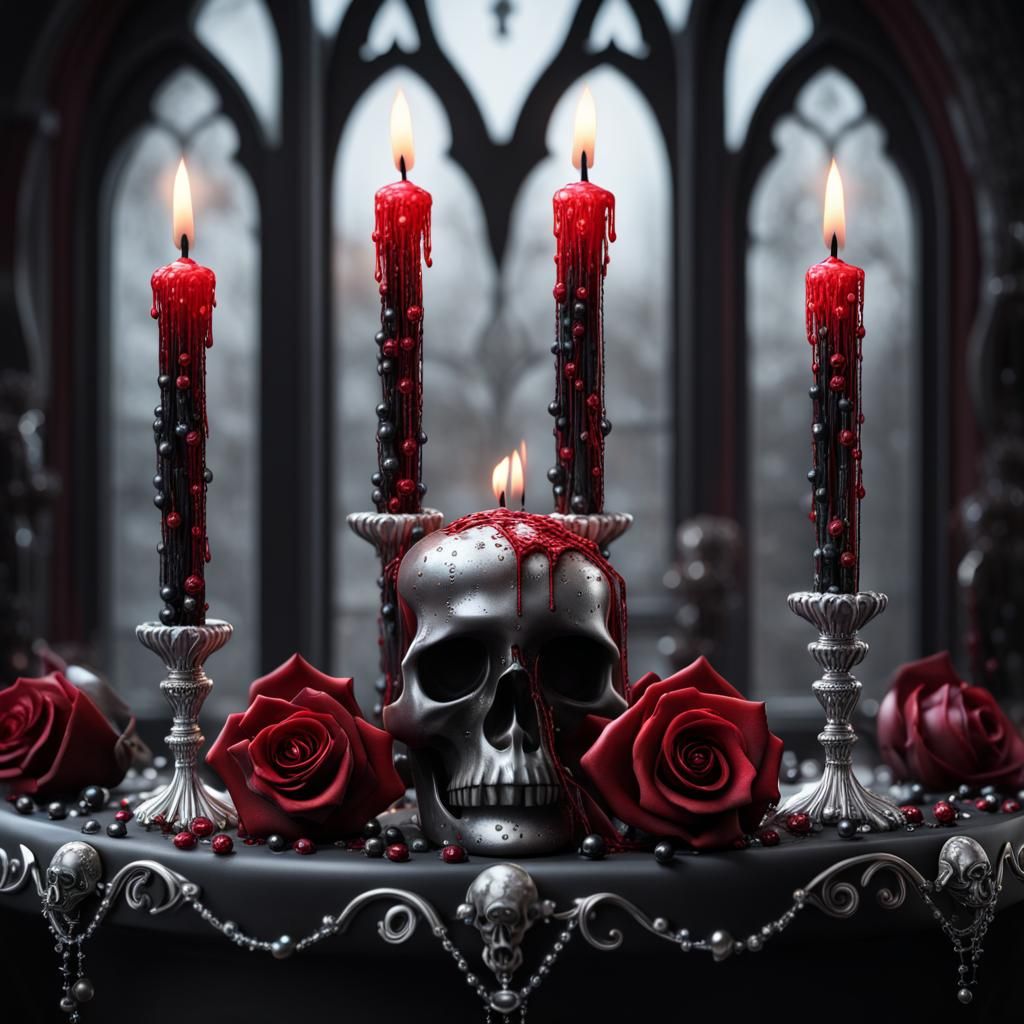 Sugar Skull with Gothic Candles and Roses