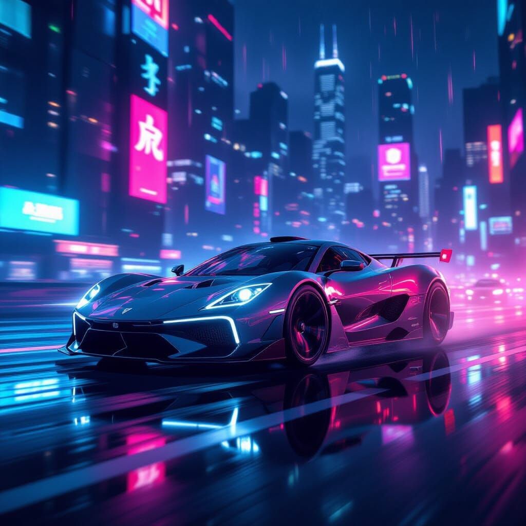 Futuristic Hypercar in Neon Metropolis, Cinematic Digital Ar...