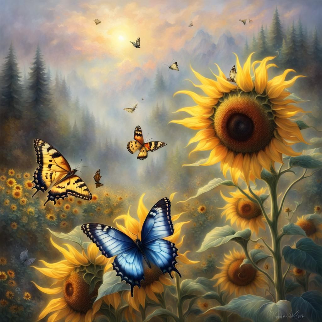 Sunflower and Butterflies in Double Exposure Effect