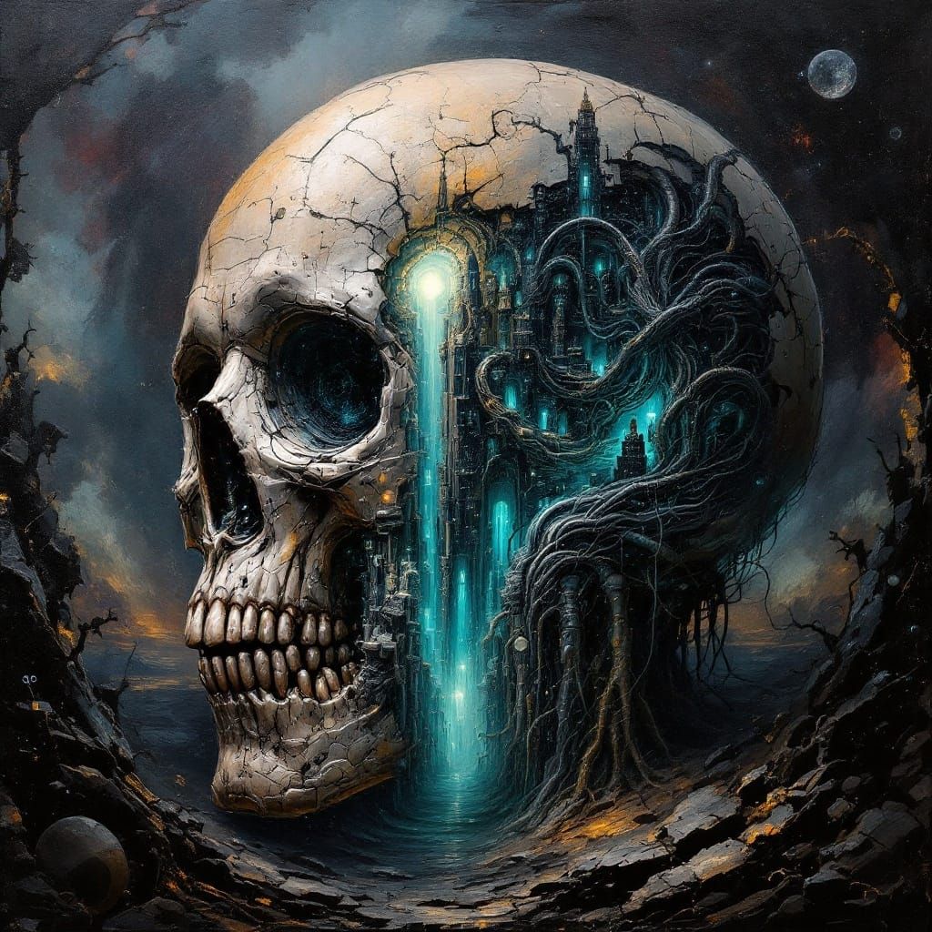 Cyberpunk Cityscape Revealed Within a Decaying Skull