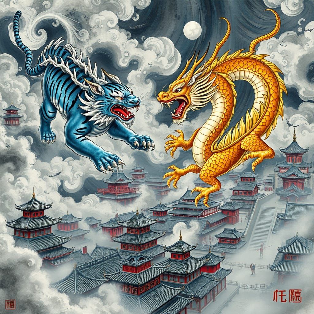 Celestial Tiger Battles Golden Dragon in Ancient Chinese Cit...
