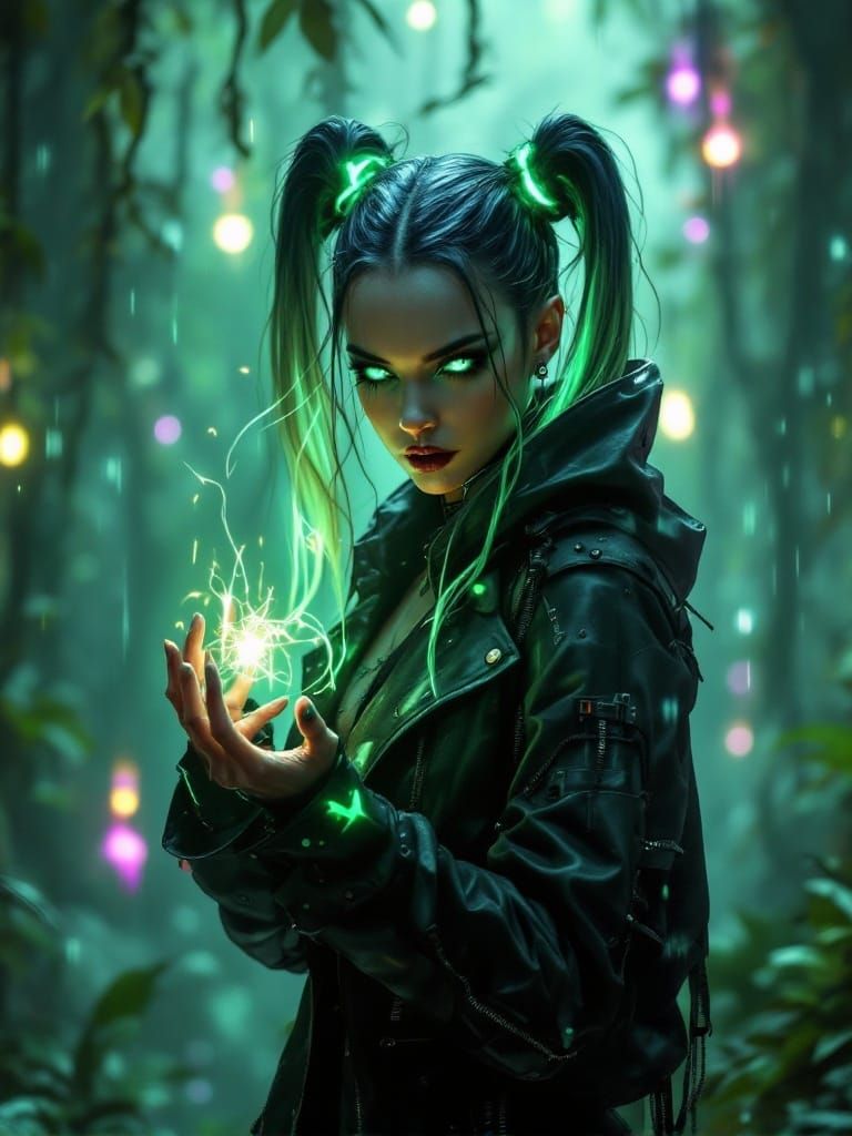Cyberpunk Sorceress Dominates Neon Jungle Landscape