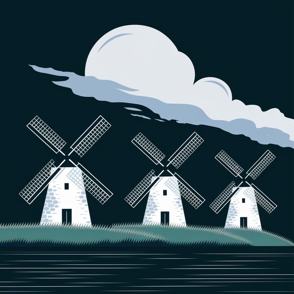 Dutch Windmills on a Grassy Bank