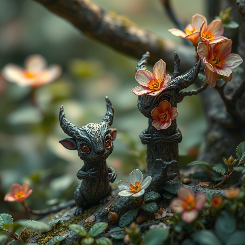 Whimsical Forest Spirits Bloom with Vibrant Flowers in a Dre...