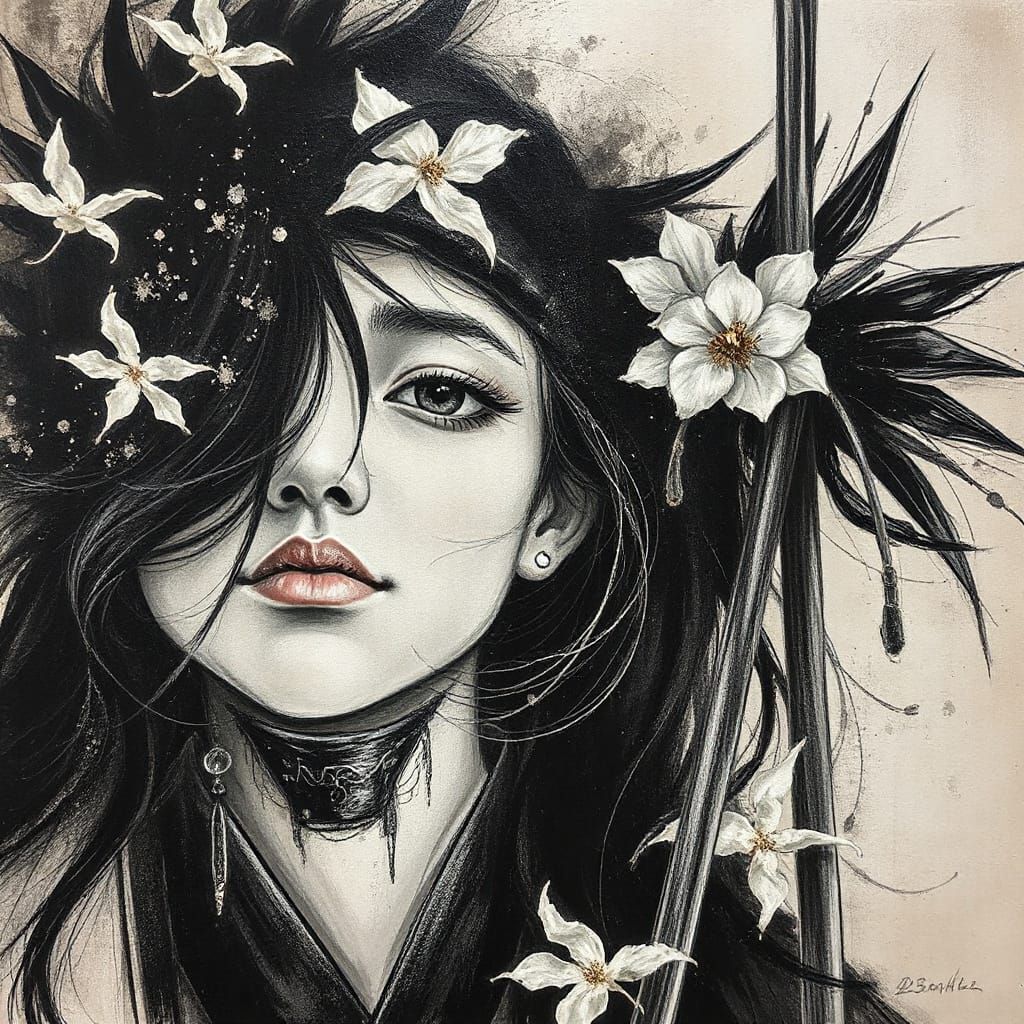 Ethereal Samurai and Geisha Portrait in Sepia