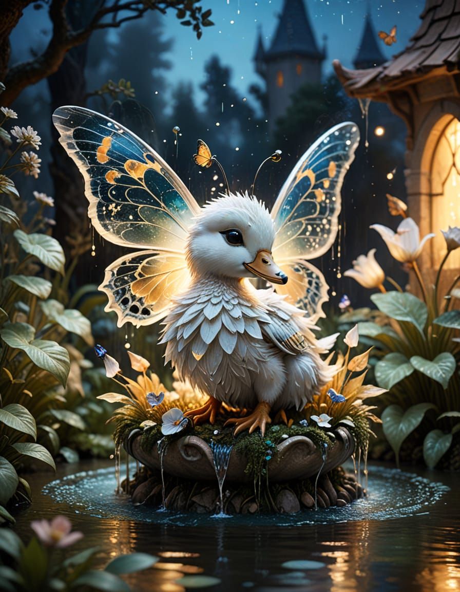 Butterfly Fountains Spilling Liquid Light in Moonlit Courtya...