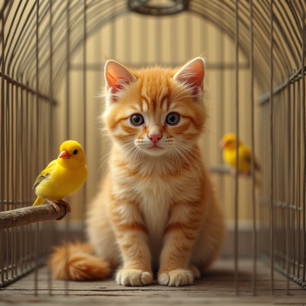 Fluffy Orange Cat Watches Canary in Birdcage