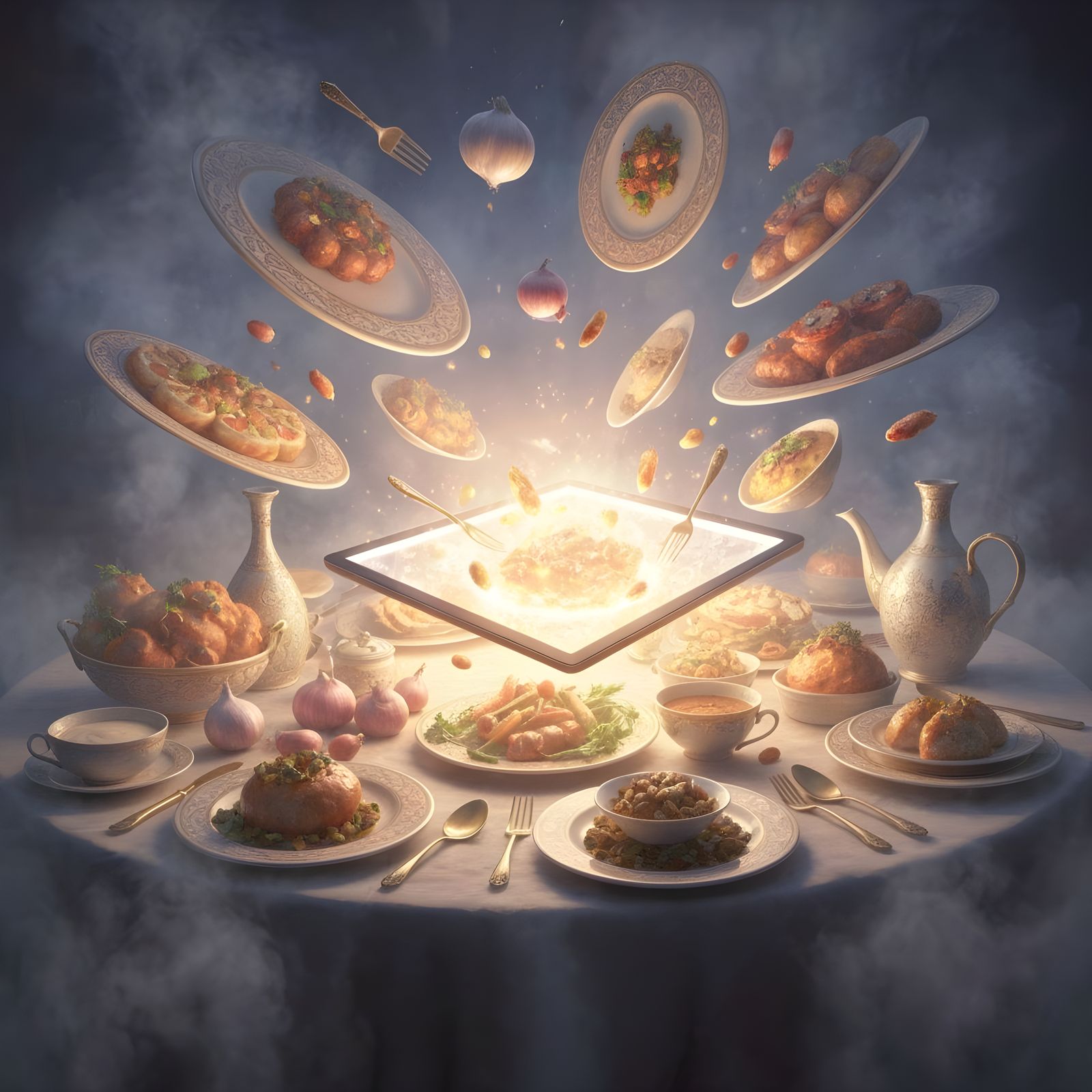 Ethereal Fantasy Dishes Flying Around Tablet in Mist