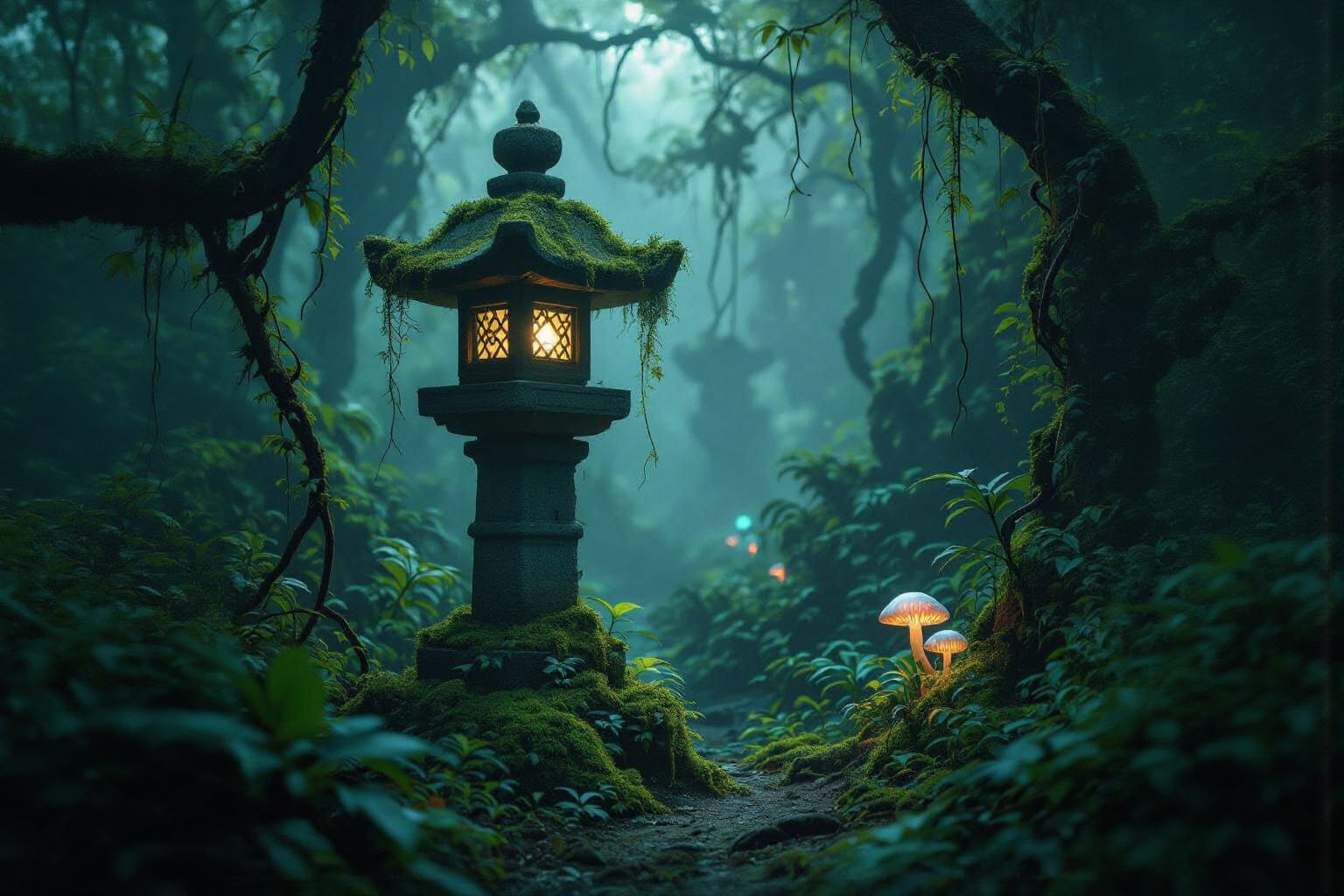 Bioluminescent Lantern in Alien Jungle