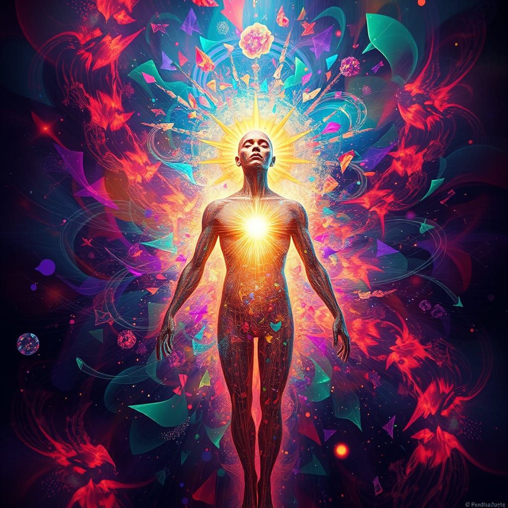 Human Figure Dissolves into Vibrant Fractal Kaleidoscope