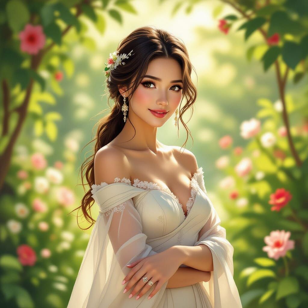 Elegant Woman in Garden, Anime-Inspired Portrait