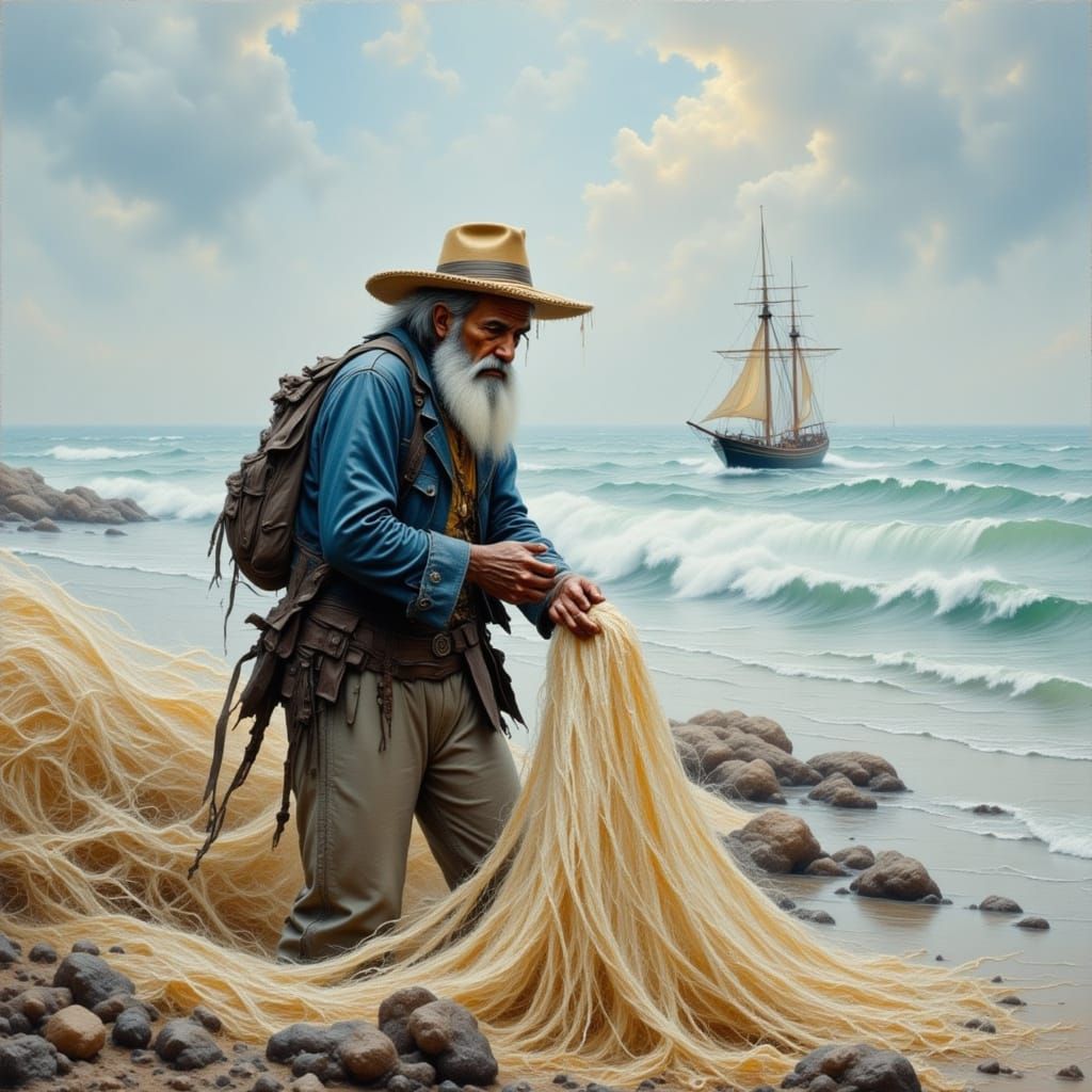 Old Man Mending Nets on Beach